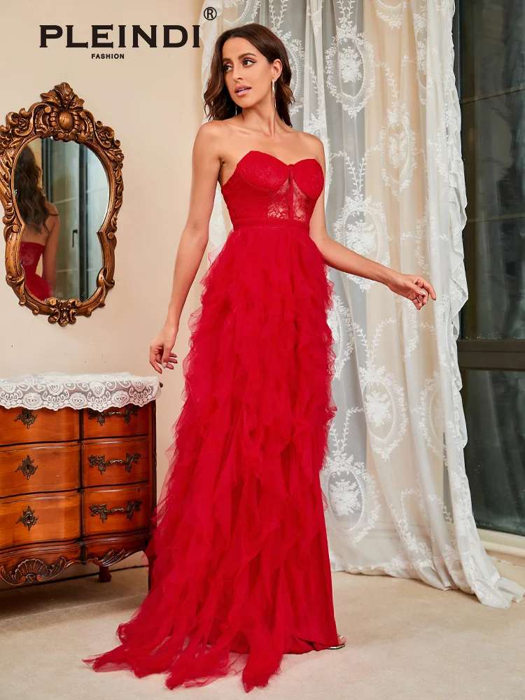 PLEINDI Elegant Evening  Strapless Sleeveless Asymmetrical Floor-Length Lace 2022 New of Pleat Exquisite Prom Dress Women