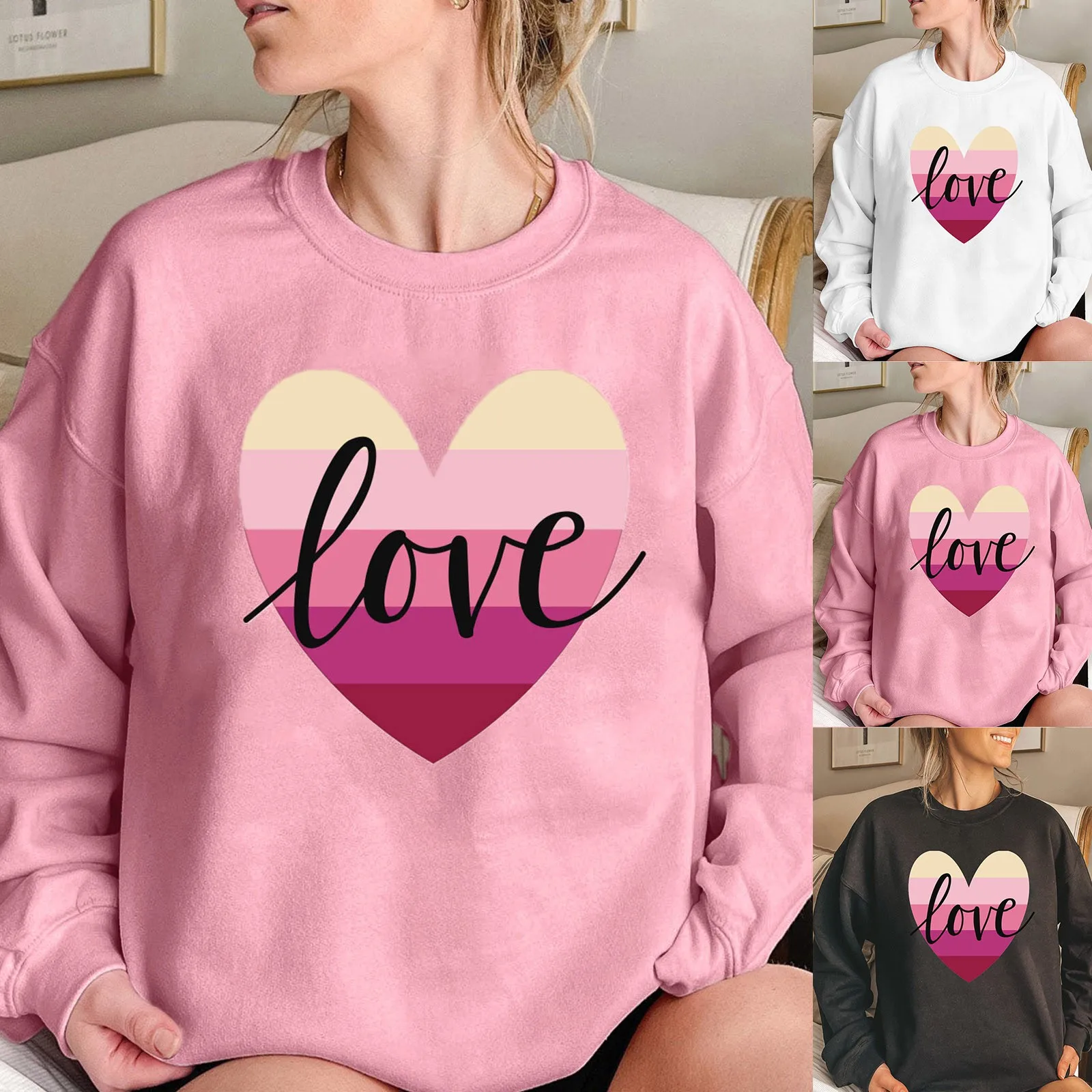 

Fashion Casual Women Warm Sweatshirt Long Sleeve O Neck Soft Love Heart Printed Shirt Ladies Winter Decorative Sweatshirts Women