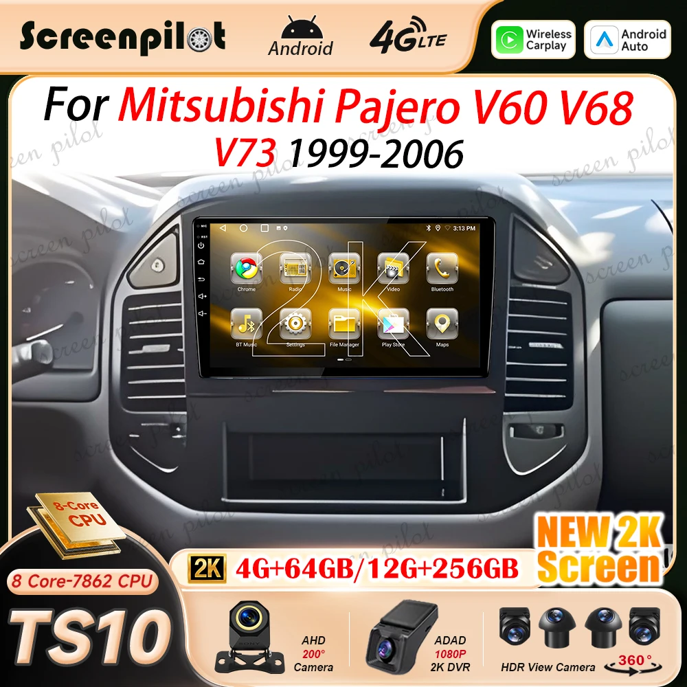 Фото Автомобильная магнитола Android 16 для Mitsubishi Pajero V60 V68 V73 1999 2000-2006, 2K QLED мультимедийный плеер с GPS, Carplay и Android Auto. №1