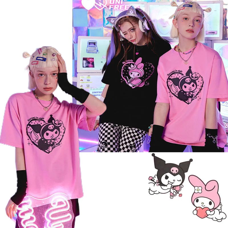 

Sanrios Kuromi cotton T-shirt Melody joint UNIFREE short-sleeved women's summer loose top black loose oversize Kids Plush gift
