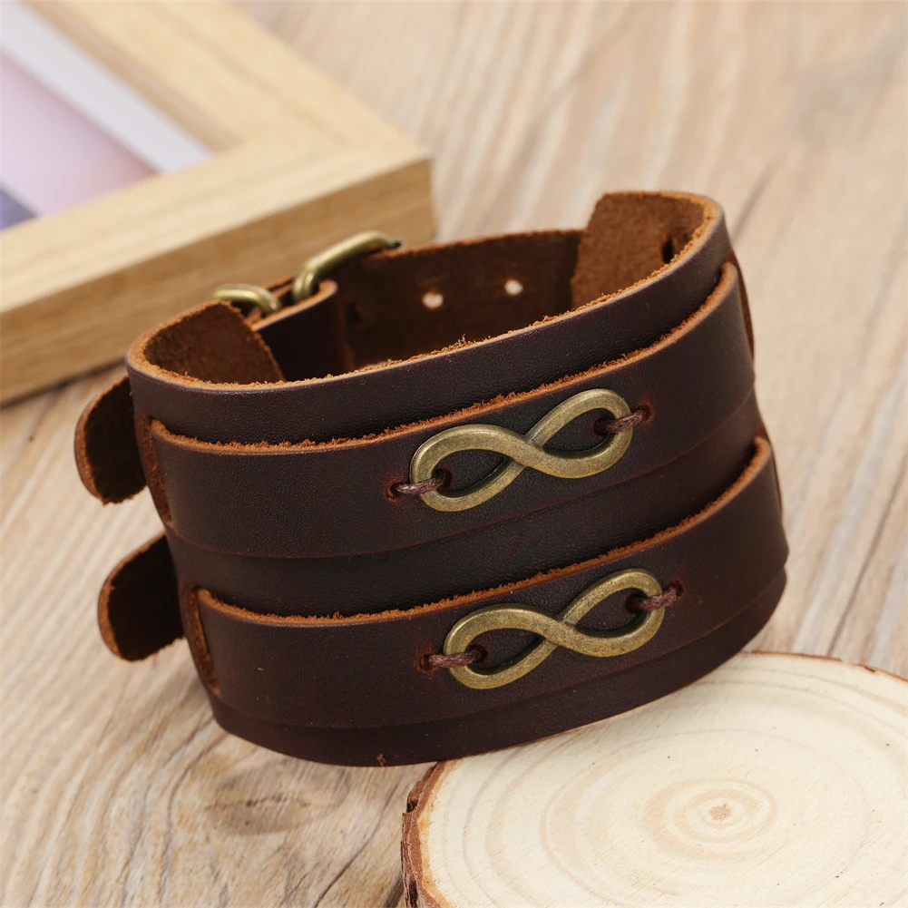 

2023 Charm Jewelry Handmade Weave Genuine Leather Bracelet Men Vintage Cuff Wide Leather Infinity Bracelet Pulsera Hombre