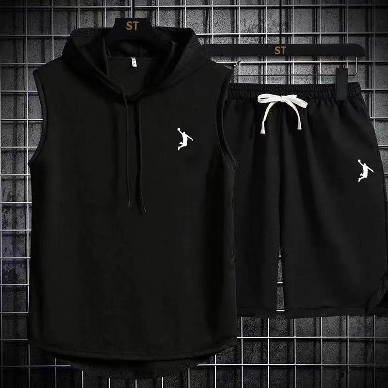 New Summer Mens Muscle Hoodie Vest Sleeveless Bodybuilding Gym Workout Fitness Shirt High Quality Vest Hip Hop Sweatshirt suit