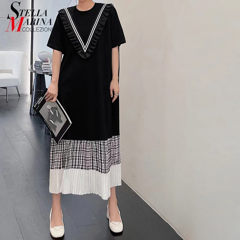 

Korean Style Woman Summer Woman Casual Wear Long Sleeve Straight Dress Loose Fit Patchwork Large Big Robe Style vestidos WT048