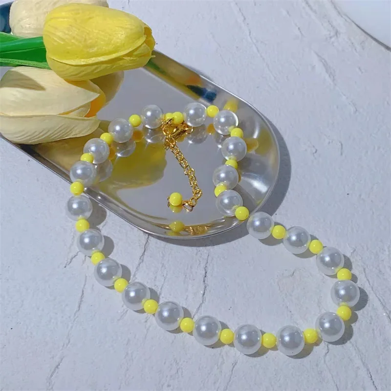 

Fashion Popular Glass Colored Rice Beads Diy Hand-beaded Round Pop Resin Material Pearl Necklace Collarbone Chain Women's Collar
