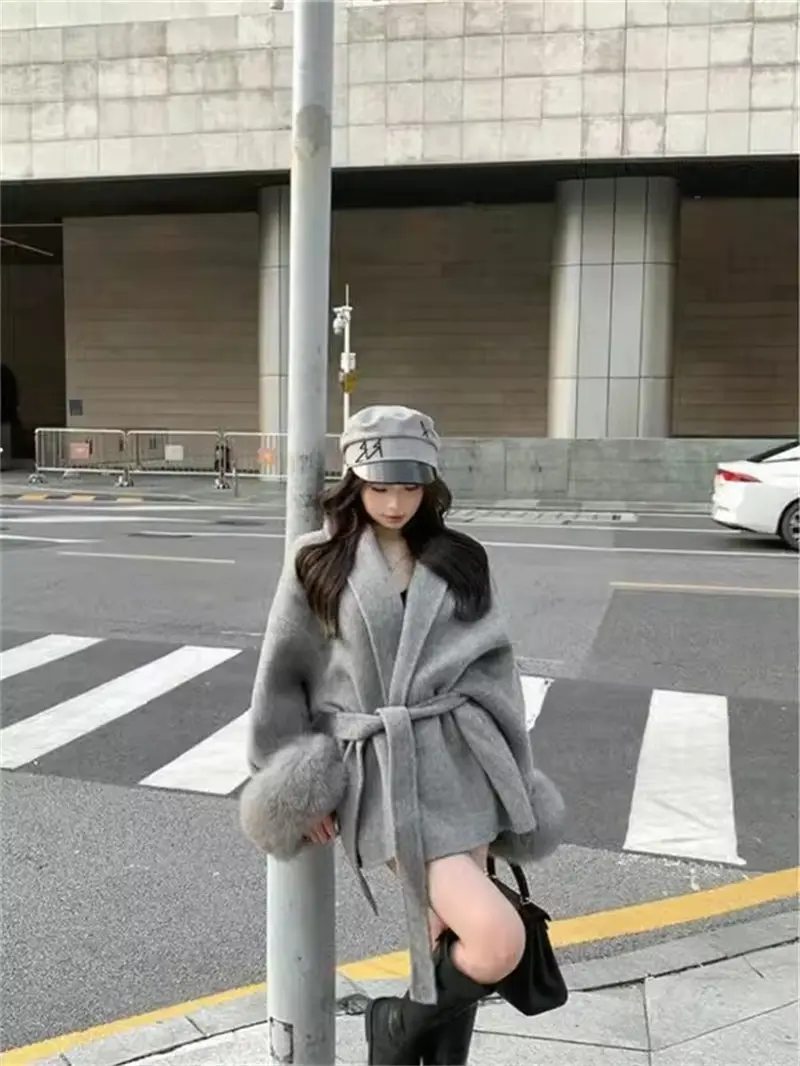 Женская шерстяная куртка на завязках свободная короткая модная в стиле пэчворк с