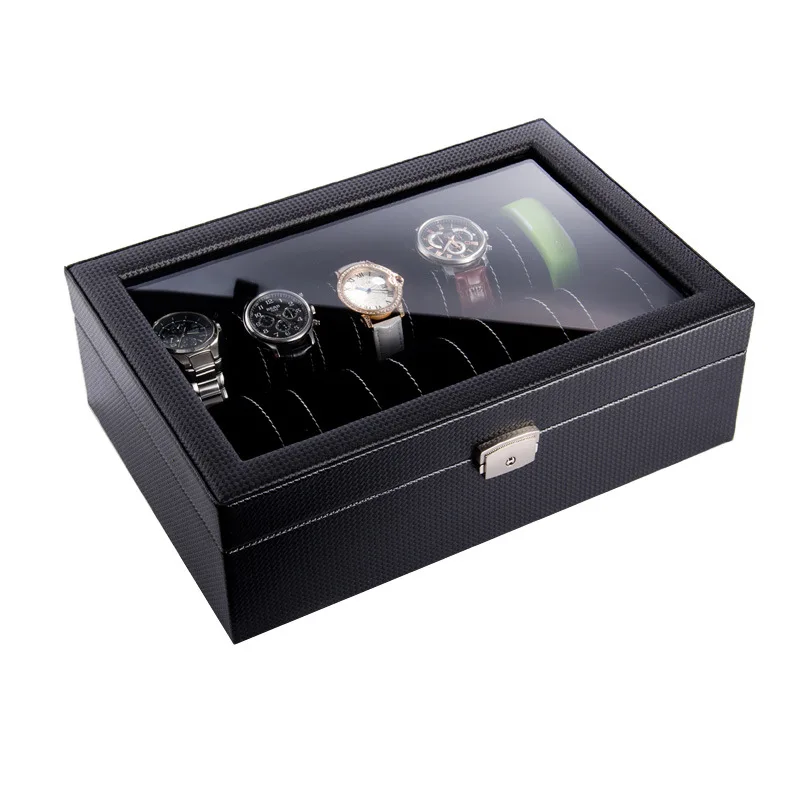 Carbon fiber leather 10-position watch finishing display box watch mechanical watch jewelry storage box skylight with lock box