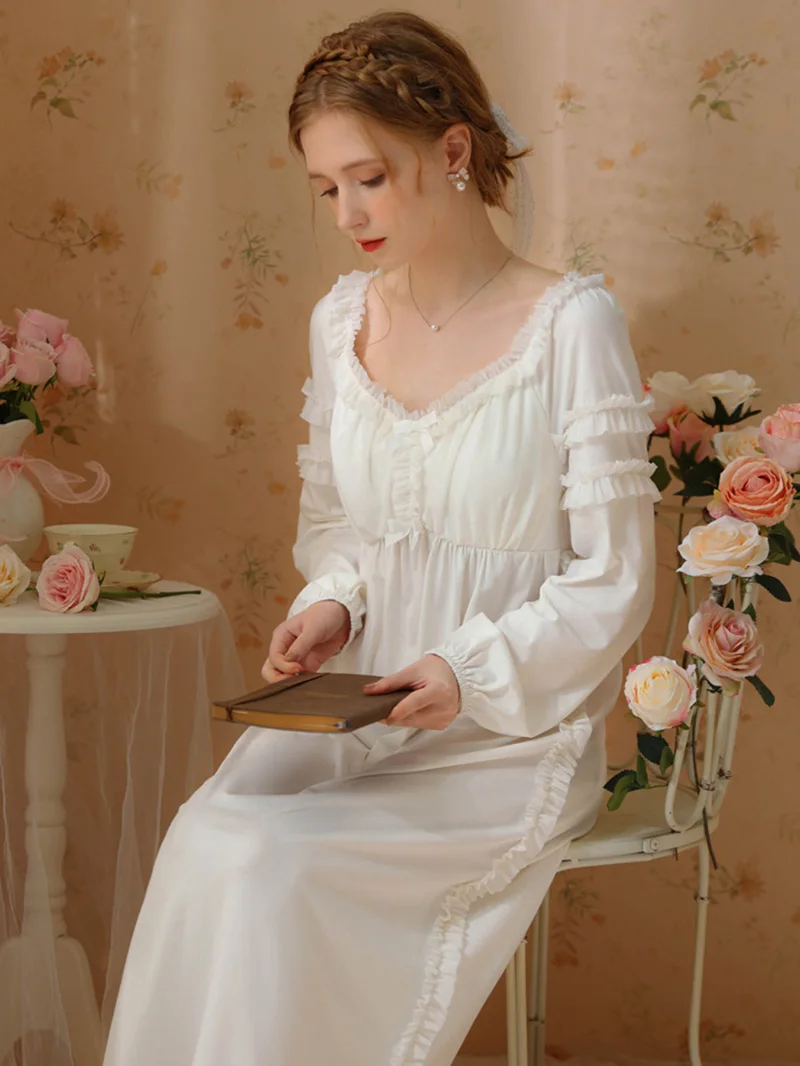 Women Fairy Night Dress Spring Cotton Ruffles Victorian Nightgowns Long Sleeve Sweet Princess Vintage Sleepwear with Chest Pad
