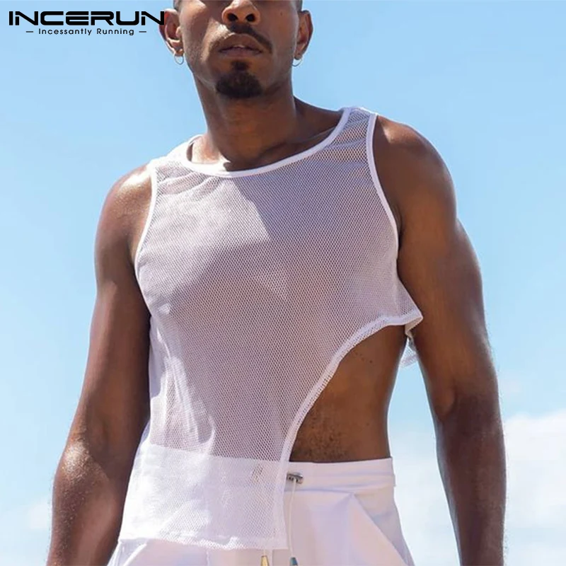 

Мужские сетчатые прозрачные майки без рукавов с круглым вырезом, дышащие Асимметричные жилеты 2022, уличная одежда, сексуальные повседневные...