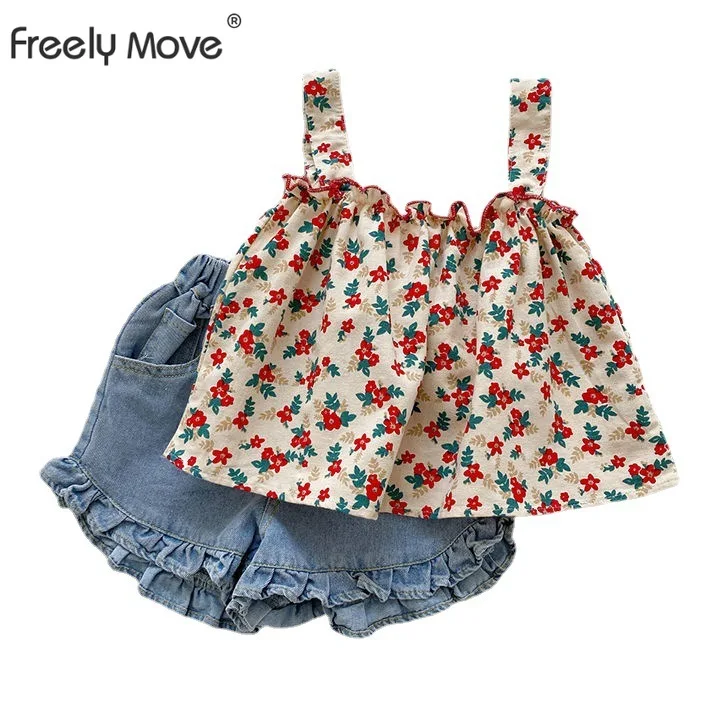 

Freely Move Children Fashion Set Kids Baby Girl Casual Clothing Costume Sleeveless Children Floral Print Sets Children Clothing