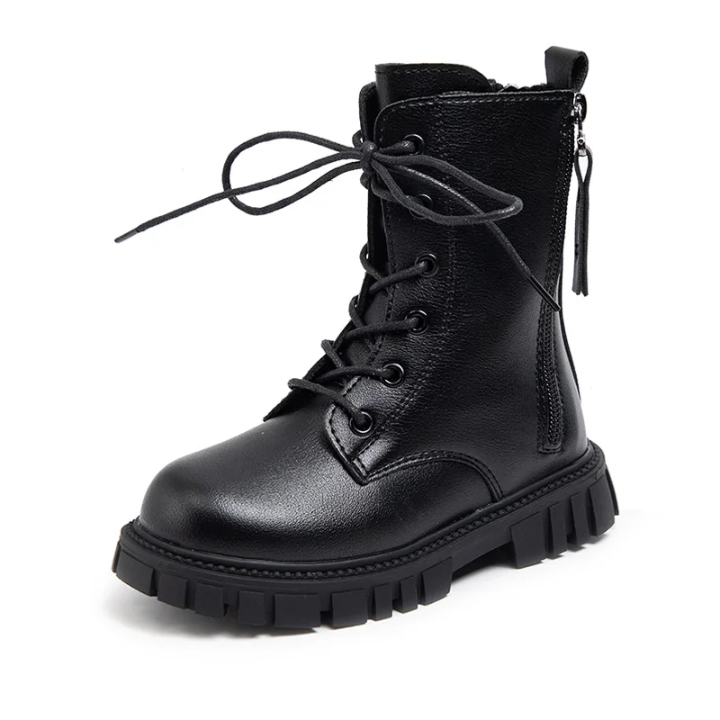 

Fashion Zippers Tassel Boots Girls Winter Warm Plush Shoes Kids Black Pu Leather Lace Up Ankle Booties With Anti-Slip Sole