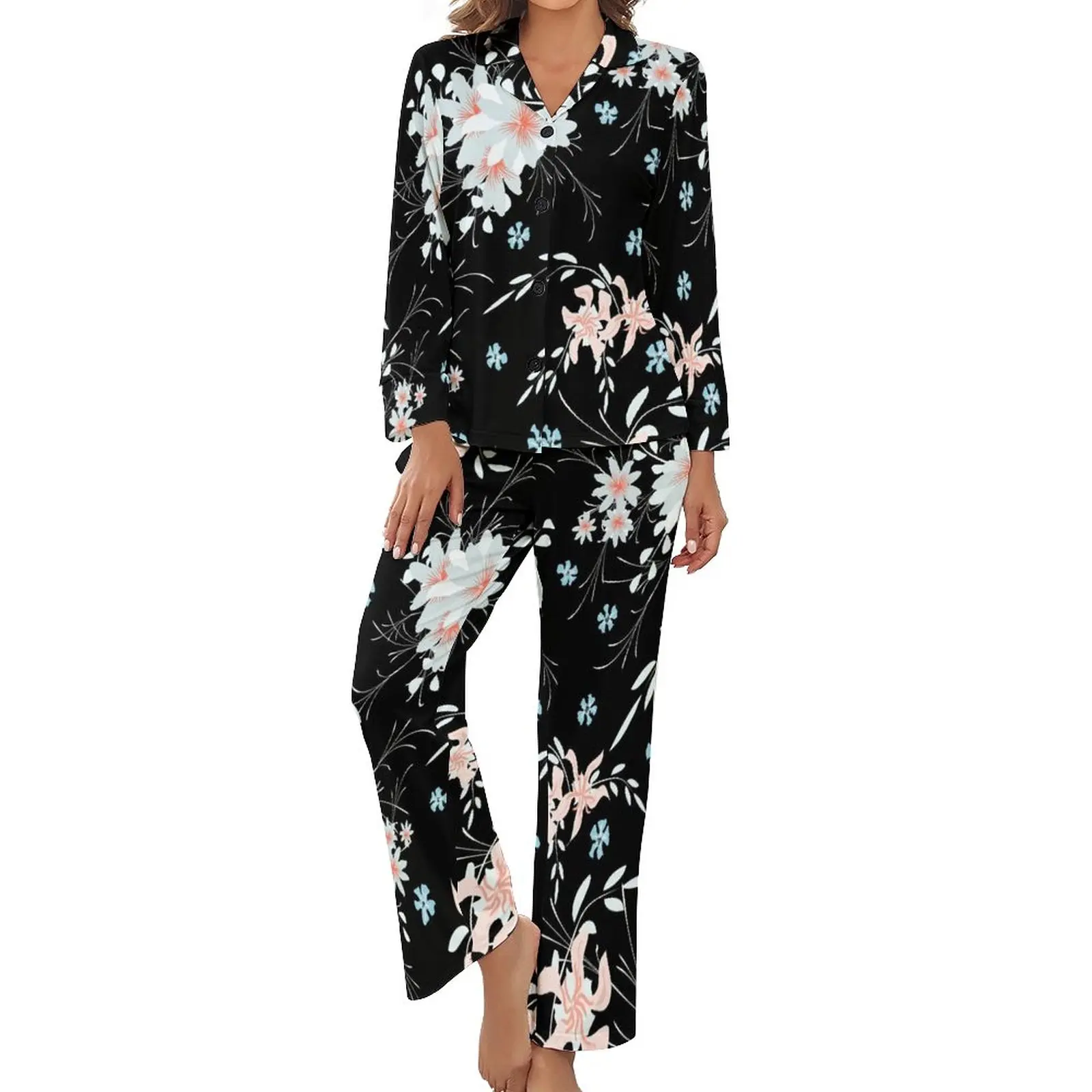 

Floral Print Pajamas Flowers Design Art Aesthetic V Neck Sleepwear Lady 2 Pieces Pattern Long Sleeve Retro Pajama Sets