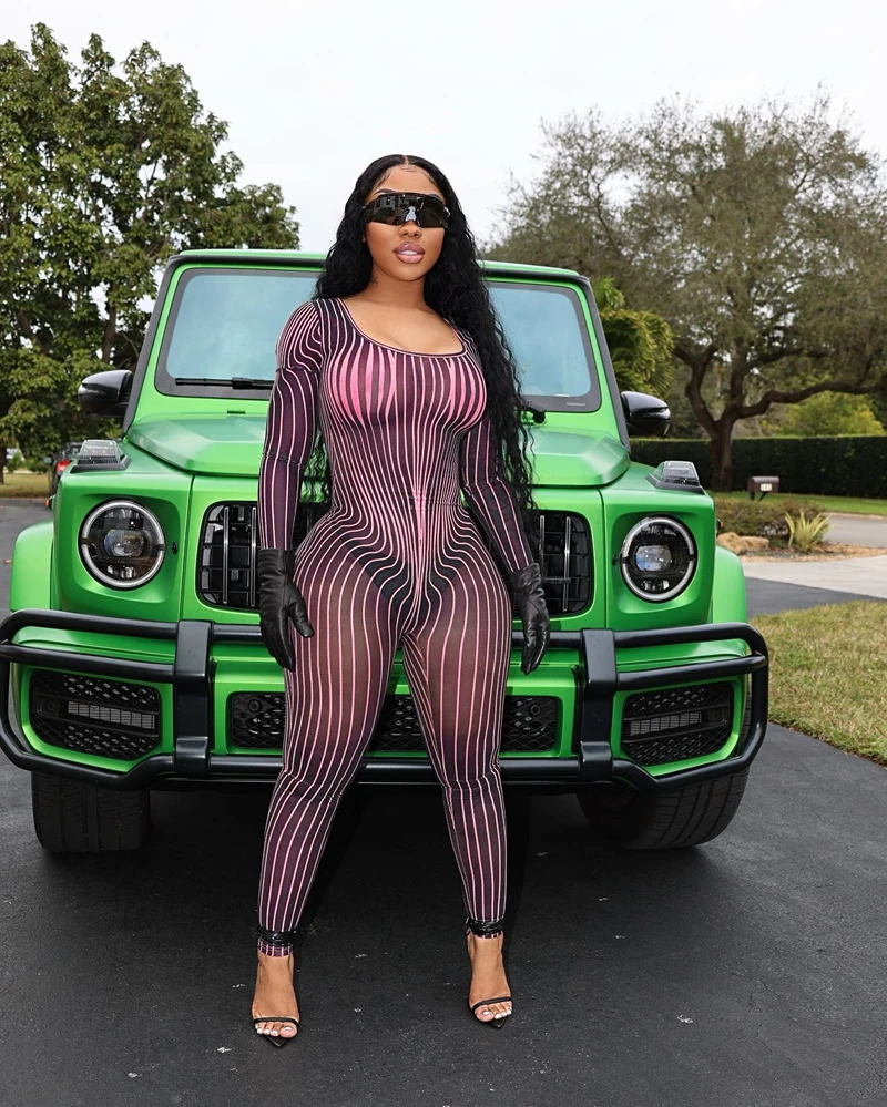 Sheer Mesh See Through Vertical Striped Jumpsuit Girls Streetwear Scoop Neck Long Sleeve Overall Midnight Clubwear Party Outfits