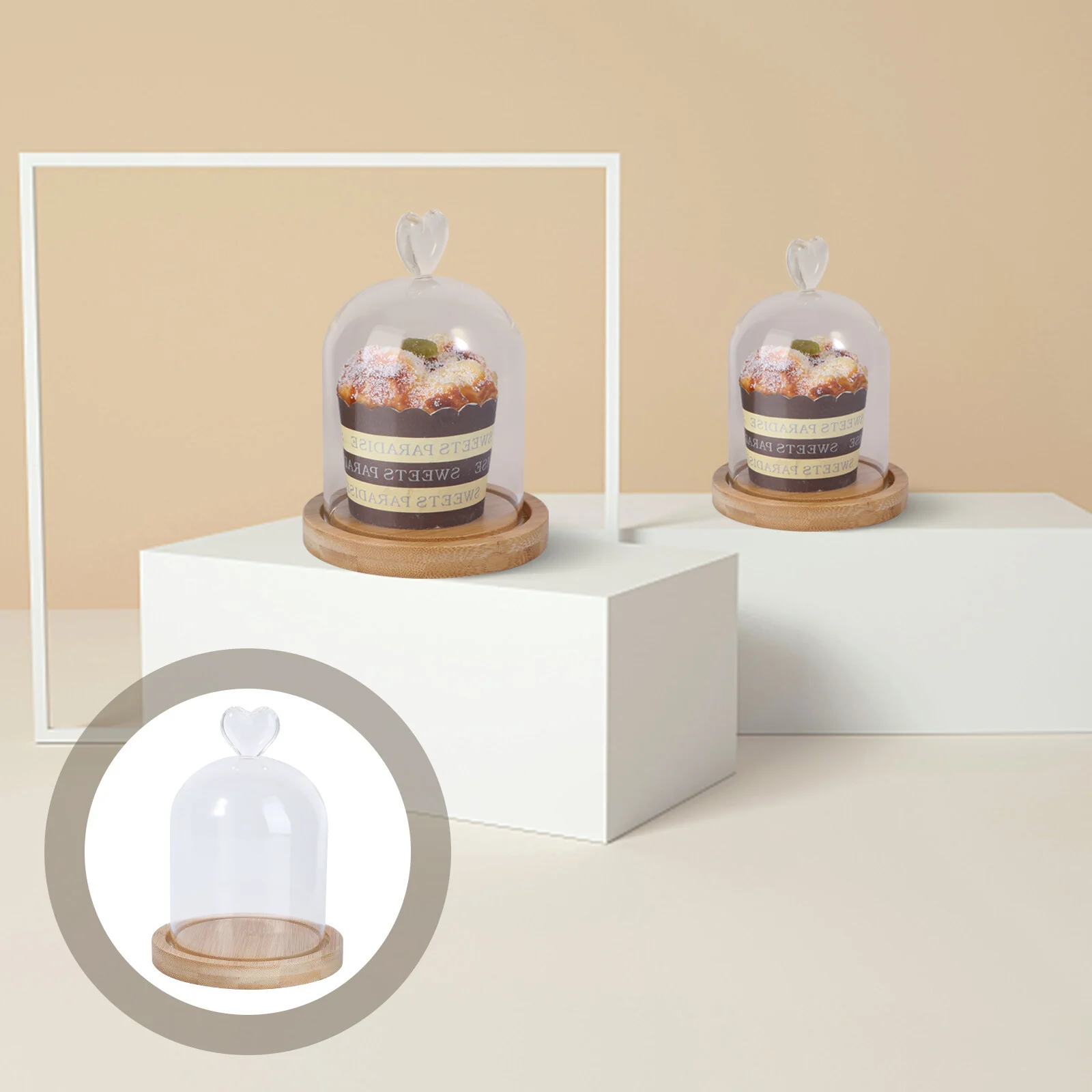 

Glass Dome Cloche with Wooden Base Cake Stand Glass Display Dome Clear Glass Bell Jar Cover for Dessert Cheese Candy Plants
