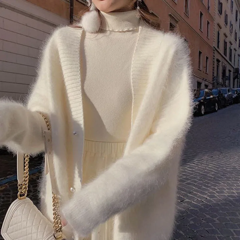 

Sweater Soft Mohair and Mink Velvet Mid-length Cardigan Female Autumn and Winter New Loose V-neck Very Fairy Knitted Top Coat