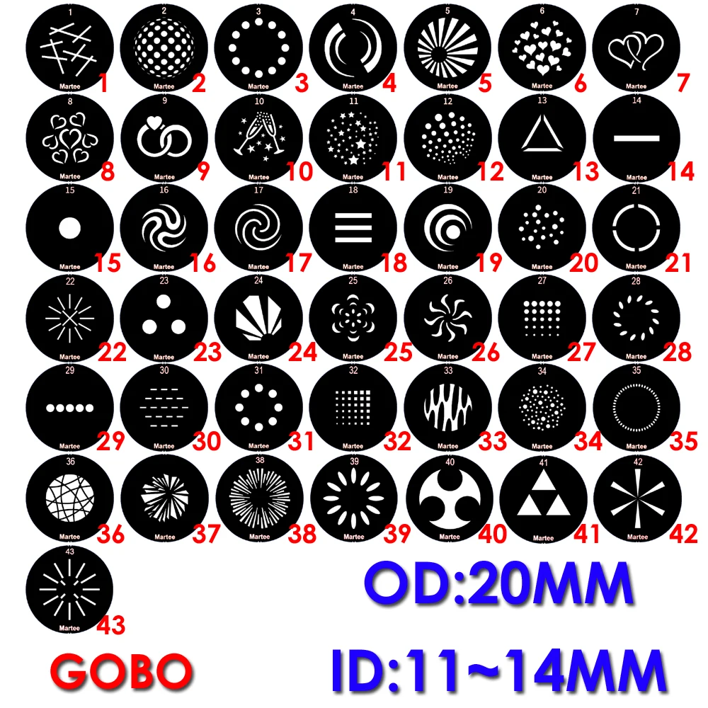 

OD 20 мм гобо, изображение 11 мм ~ 14 мм, классический световой узор с движущейся головкой, свадебное торжество, танцевальная машина, поющий луч света