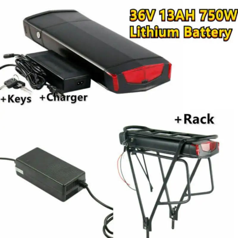 

Ebike Battery 36V 13AH with Rear Rack,Lithium ion Electric Bike Battery with Taillight,BMS Protection Board,Charger, Safe Lock