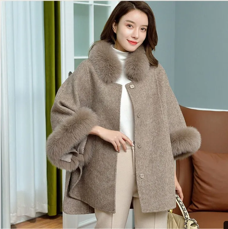 2022 New Fashion Fur Coat Shawl Women's Autumn Winter Fox Fur Collar Slim Wool Coat Shawl Cloak enlarge