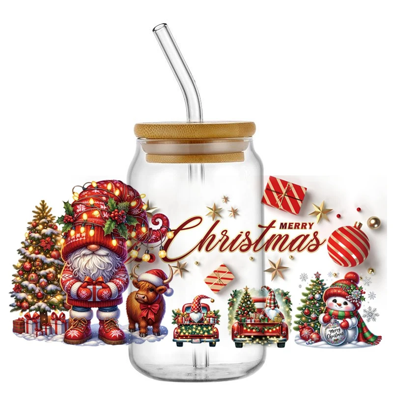Рождественские наклейки для чашек Санта-Клауса UV DTF с рождественским узором