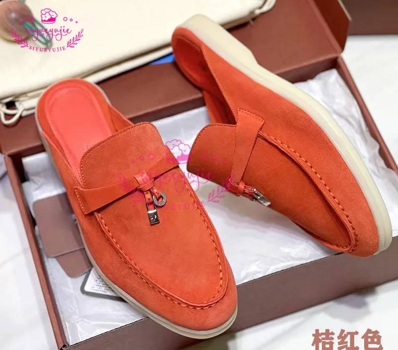 2023 New Round Toe Women Flat Mules Metal Tassel Thick Sole Casual Slides High Quality Suede Mixed Color Women Men Mules