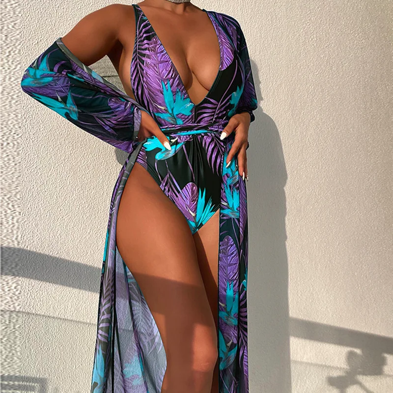 

Three Pieces Bikini Set Beach Skirt Tunics For Beach Cover Up Swimsuit Women Ruffle Bikini Bathing Suit