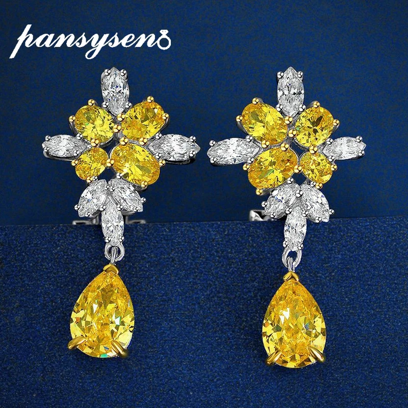 

PANSYSEN Luxury 925 Sterling Silver Pear Cut Citrine Simulated Moissanite Gemstone Drop Earrings for Women Wedding Fine Jewelry