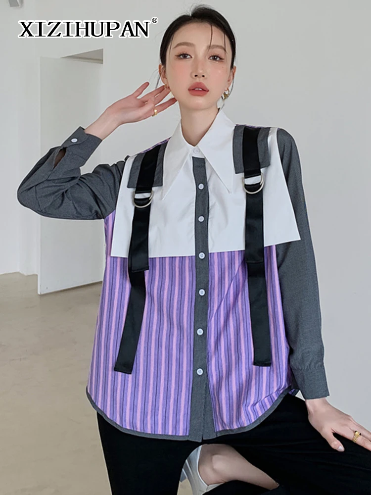 

XIZIHUPAN Korean Style Patchwork Striped Blouses Female Lapel Long Sleeve Single Breasted Colorblock Loose Shirts For Woman 2022