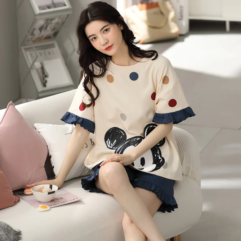 

Женская Хлопковая пижама с коротким рукавом, женская одежда для сна, мультяшный пижамный комплект, Хлопковая пижама, Женская милая одежда д...