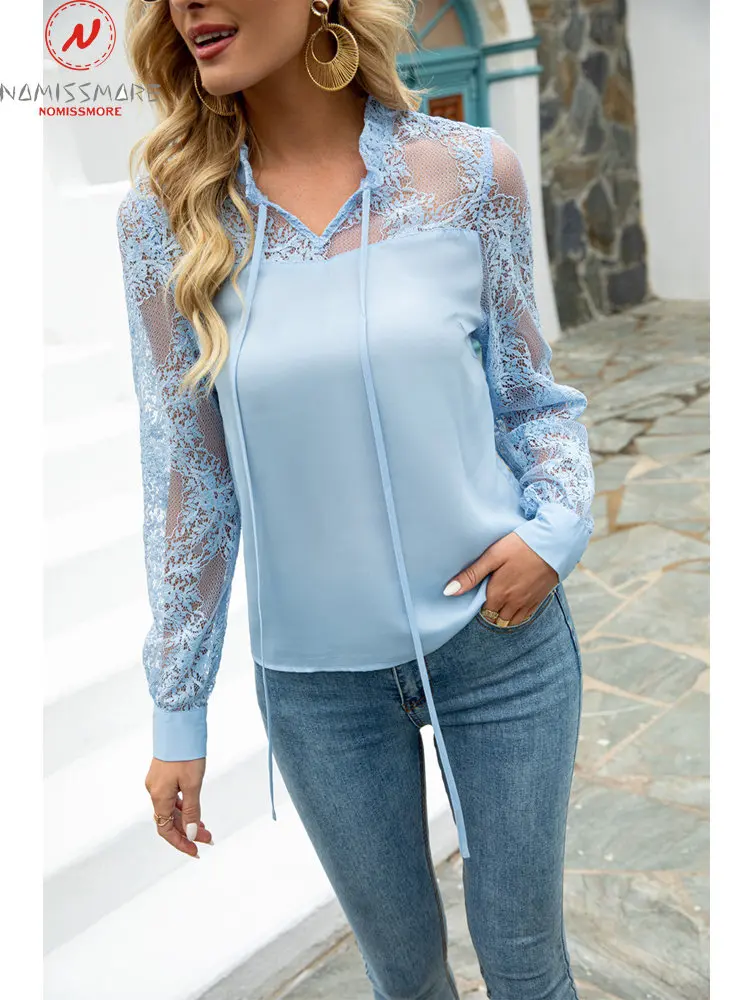 

Милая женская однотонная блузка в уличном стиле, дизайнерский кружевной бандажный прозрачный топ с V-образным вырезом и длинным рукавом