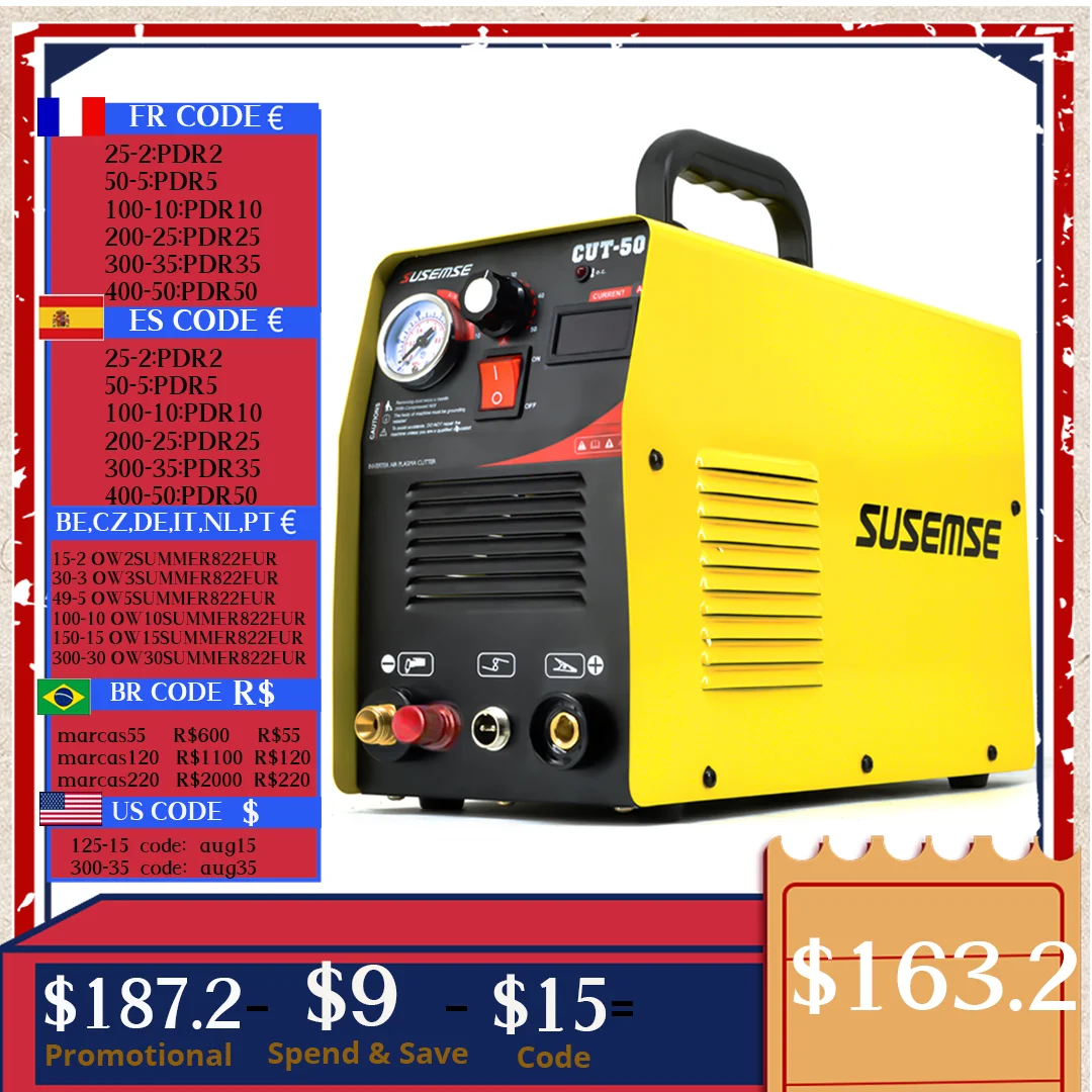 SUSEMSE Air Plasma Cutter Pilot Arc CUT50P Portable CNC Plasma Cutting Machine 10-50A IGBT Digital Control DC Inverter 110/220V