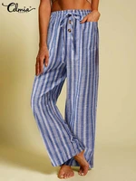 women casual loose striped long pants celmia leisure elastic waist lace up wide leg trousers 2022 summer lightweight pantalons