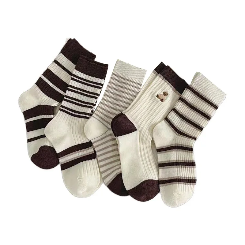 

Harajuku Women Socks Autumn Simple Casual Black White Striped Pile Socks for Girls Breathable Middle Tube Bear Cotton Soft