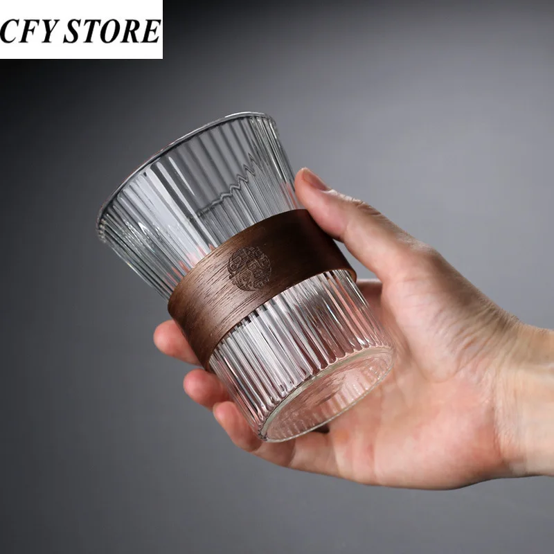 

300ml Creative Vertical Grain Glass Water Cup with Sleeve Tea Coffee Mug with Wood Chip Insulated Juice Cup Milk Beverage Vessel