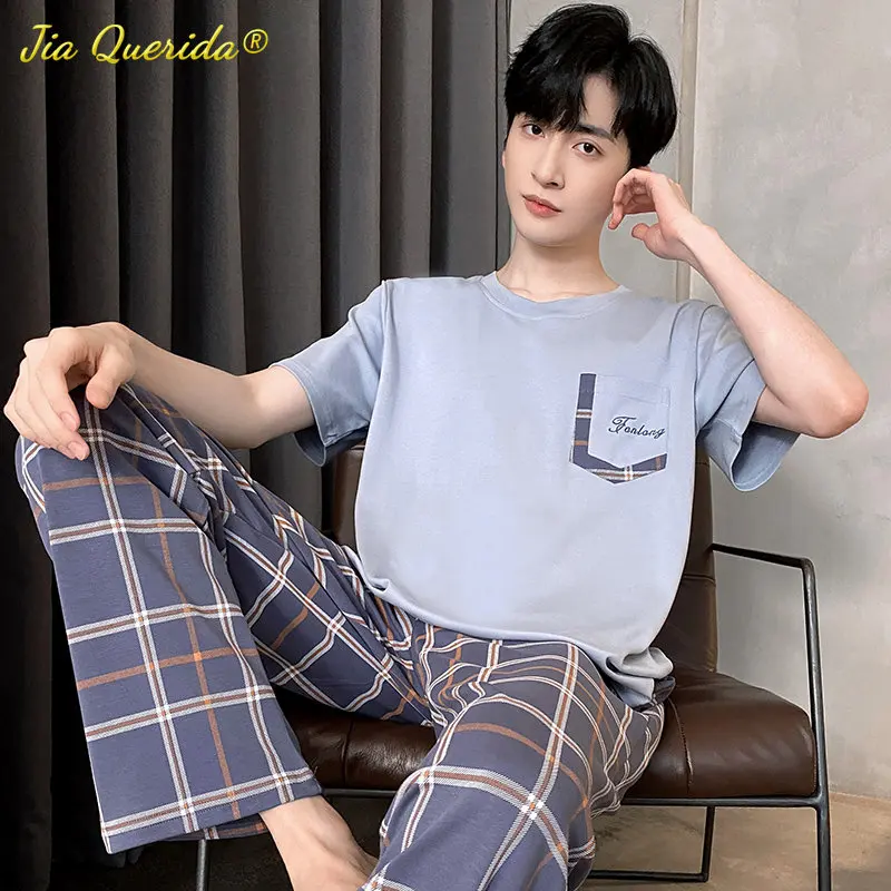 

New Summer Soft Cotton Pajamas Set for Men Fashion Man Pyjamas Short Sleeved Plaid Pants Home Suit Plus Size L-4XL Pijamas