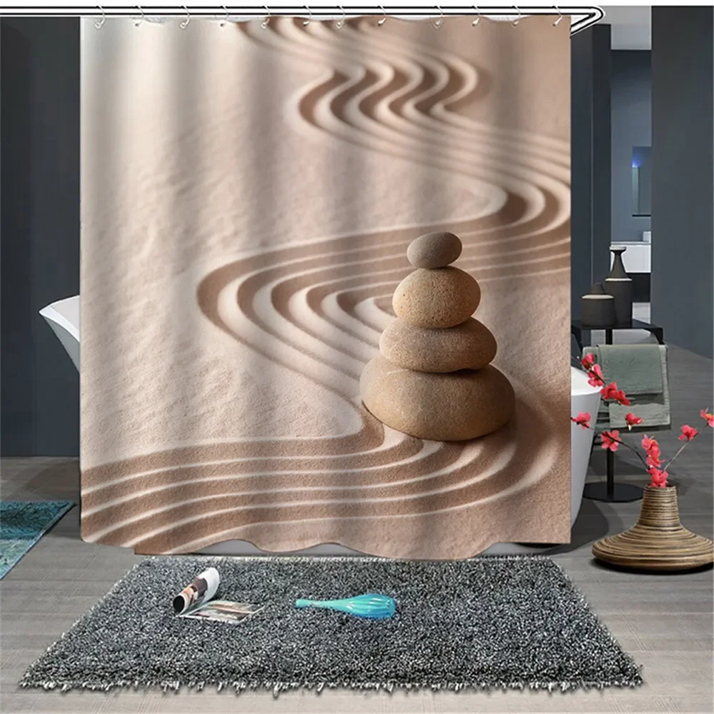 Дзен Камень Медитация Дизайн Занавеска Для Душа Вода Зеленый Бамбук Цветок