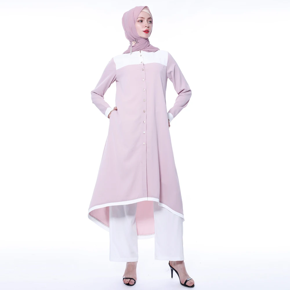 

Malaysian Style Female Muslim Sets Elegant Fashion Pink Top White Pants Islamic Women Casual Long Sleeve Shirt Bottoms