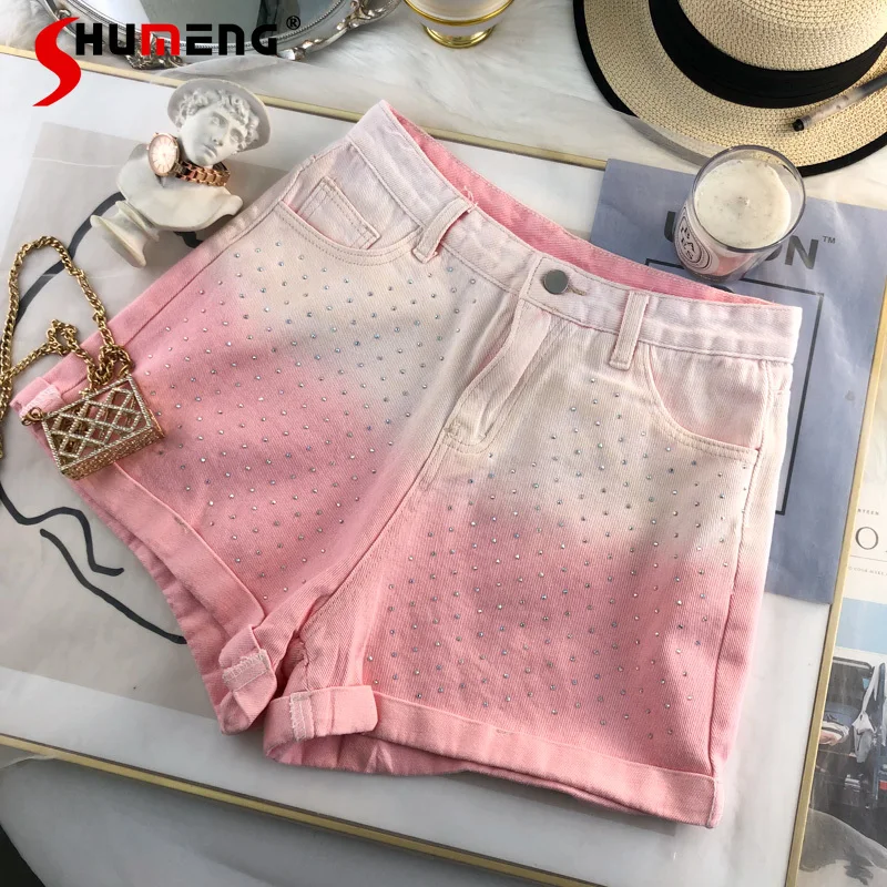 

High Street Rhinestone High Waist Slimming Denim Shorts Women's 2022 Summer Fashion Gradient Color Casual A- Line Wide Leg Pants