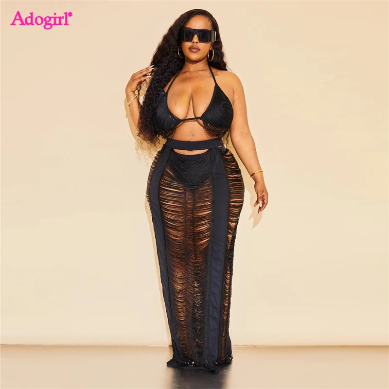 

Adogirl Tassel Two Piece Set Women Beach Dress Lace Up Bra Top Hollow Out Maxi Skirt S-3XL Female Summer Holiday Outfits Suit