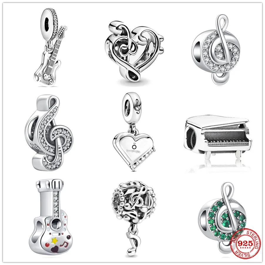 925 Sterling Silver Music Notes Electric Guitar Piano Heart Dangle Charm Bead Fit Original Bracelet DIY Women Jewelry |