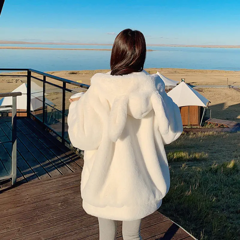 

Rabbit Ears Cute Lamb Wool Coat Women's Winter 2023 New Plus Cotton Thickened Soft Glutinous Plush Cotton Coat