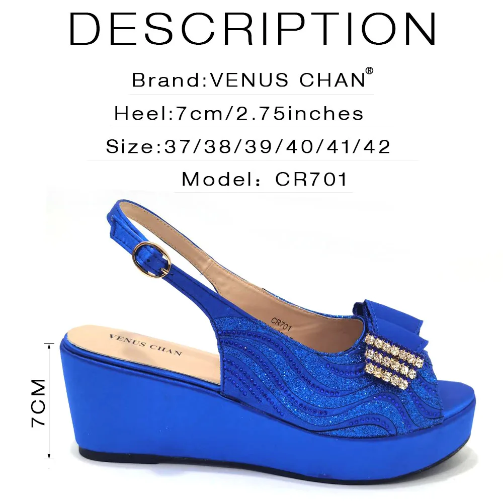 Venus Chan Fashion and Comfortable Retro Blue Rhinestone Paisley Pattern Ladies Middle Heel Sandals African Shoes Bag Set