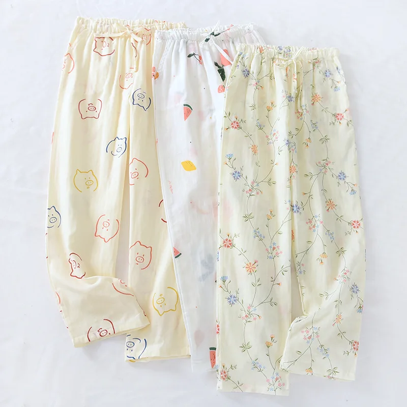 

100% Gauze Cotton Home Pants Summer Women Thin Sleep Bottoms Fresh Soft Loose Pajamas Pants Homewear Trousers