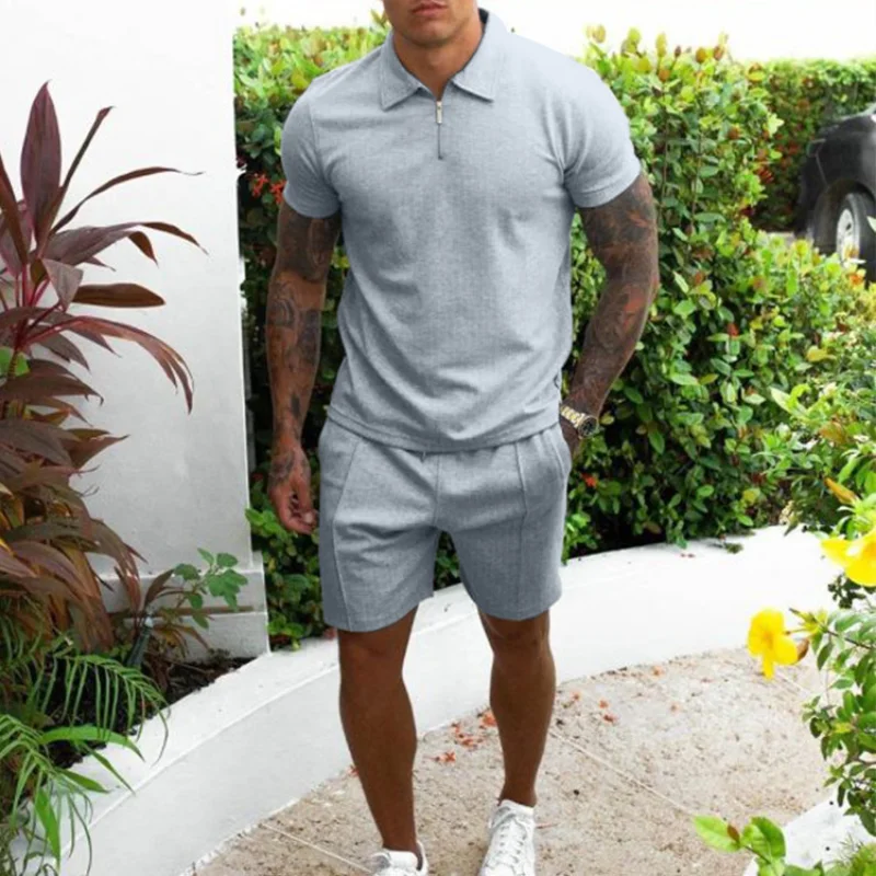 Fashion Slim Fit Set Short Sleeve Shorts Casual Set European and American Slim Fit Men's Two Piece Set Clothes  Men Clothes