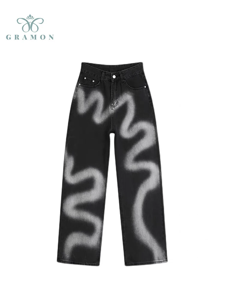 

Women Punk Style Tide Trousers Long Pants Fashion Y2K Harajuku Gothic Graffiti Jeans Oversize Casual Streetwear Spring 2022 New
