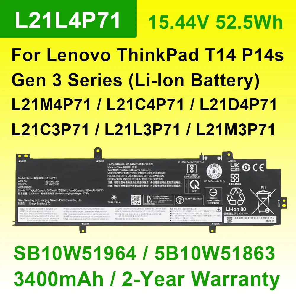 L21L4P71 Аккумулятор для ноутбука Lenovo ThinkPad T14 P14S Gen 3 21AH 21AJM 21AJ SB10W51964 SB10W51965 15 44 В 52 5 Втч