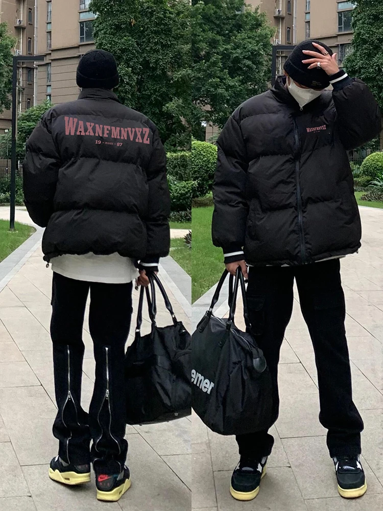 American High Street Letter Stand Collar down Jacket Cotton-padded Clothes Men's Winter Hiphop Thickened Loose Cotton-P...