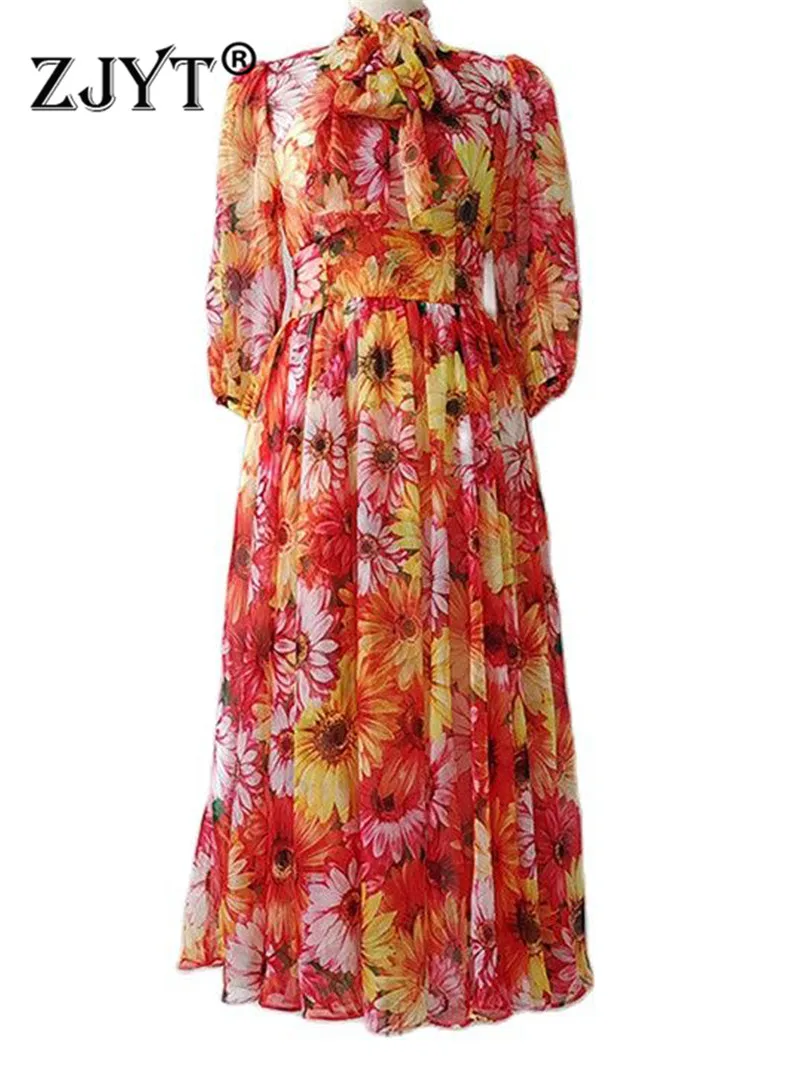 

ZJYT Fashion Runway Sunflower Print Chiffon Maxi Dress Women Elegant Bow Collar Casual Holiday Party Vestidos Spring Summer New