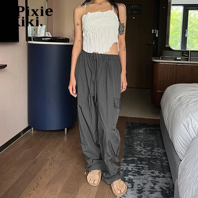 

PixieKiki Y2k Streetwear Drawstring Baggy Cargo Pants Women Elastic Low Waisted Wide Leg Pants Grey Casual Trousers P95-EE30