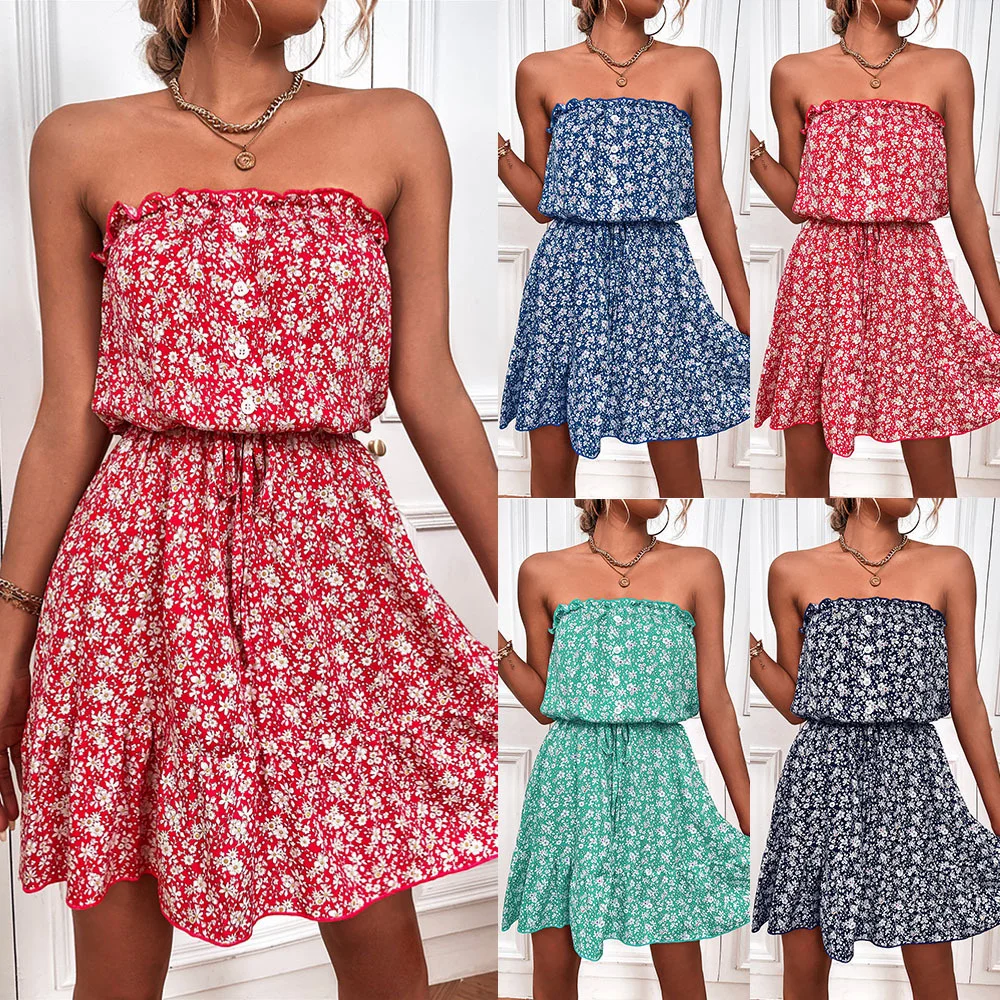 

Women's Summer Sexy Strapless Floral Dress Women Elegant Party Club Dress