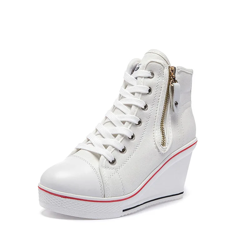 

2022 Women Hidden Wedge Invisible Heel Canvas Shoes Female Wedge Side Zipper Increased Casual High Breathable Platform Sneakers