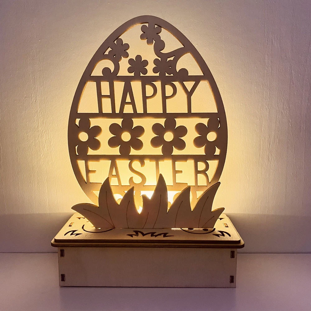 

1pcs Wooden Easter Hollow Egg Tabletop DIY Decoration Happy Easter Bunny Bird Flower LED Holiday Party Home Decor Children Gifts